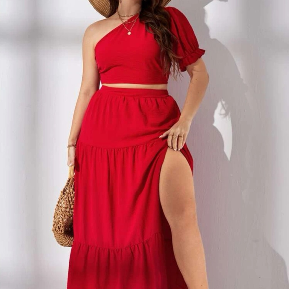 Red One-Shoulder Maxi Skirt by